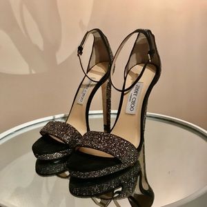 Jimmy Choo Misty 120 Black Suede Glitter Sandals EU 39 US 9